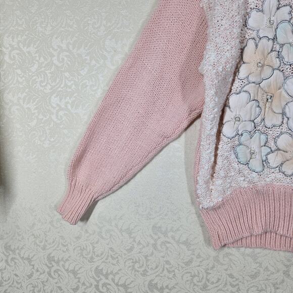 VTG Jaclyn Smith Sweater sz L Pink Embroidered Floral Pearl Embellished Feminine - Picture 10 of 16